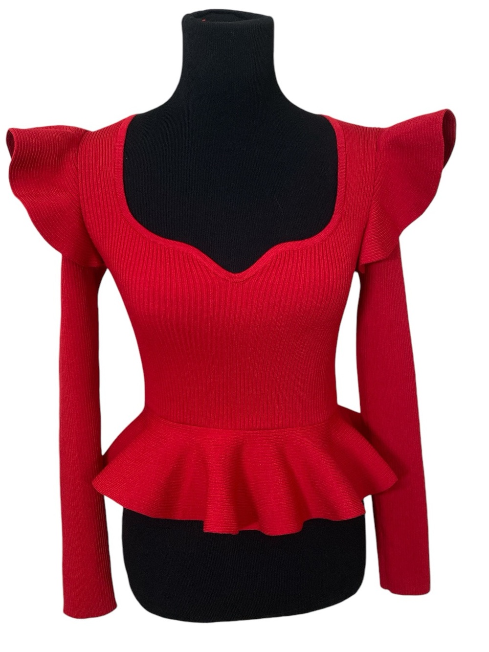 Express Red Ribbed Knit Statement Ruffle Peplum Long-Sleeve Sweater
